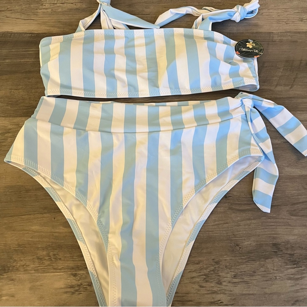 Blue and white striped bathing suit